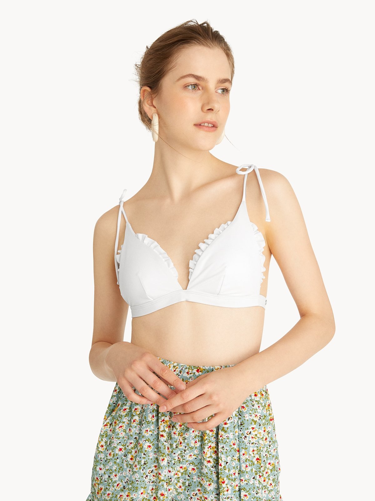 Ruffle Triangle Bikini Top White Pomelo Fashion