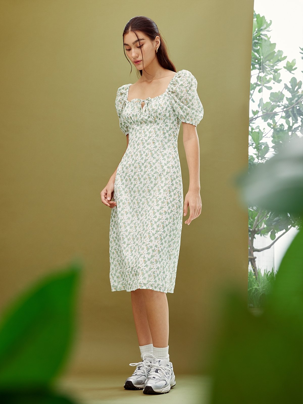 Puffed Sleeve String Detailed Dress Green Pomelo Fashion