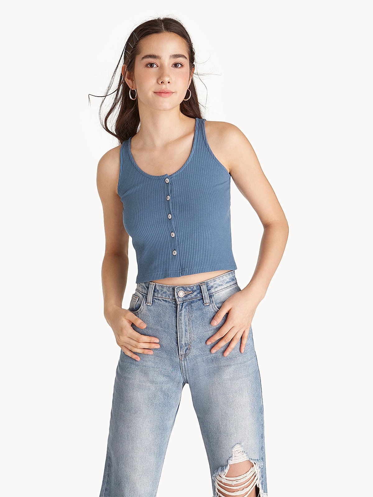 Ribbed Button Up Tank Top Blue