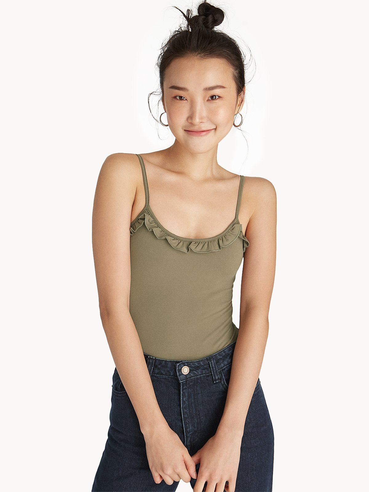 Ruffled strap bodysuit olive pomelo fashion