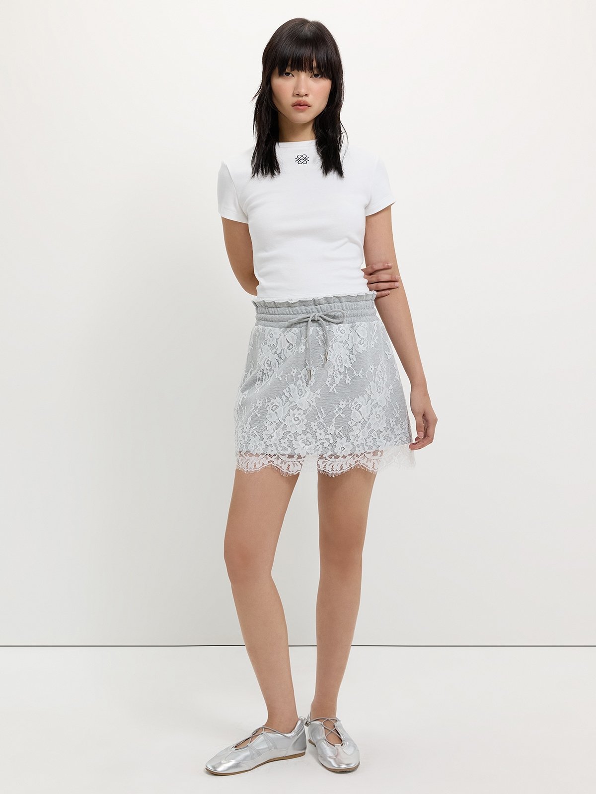 Lace Drawstring Skirt Light Grey Pomelo Fashion