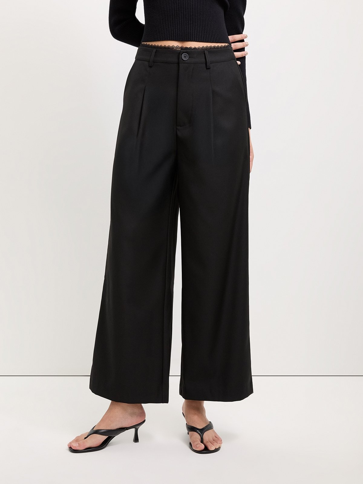 pomelo Pomelo Lace Trim Pants - Black
