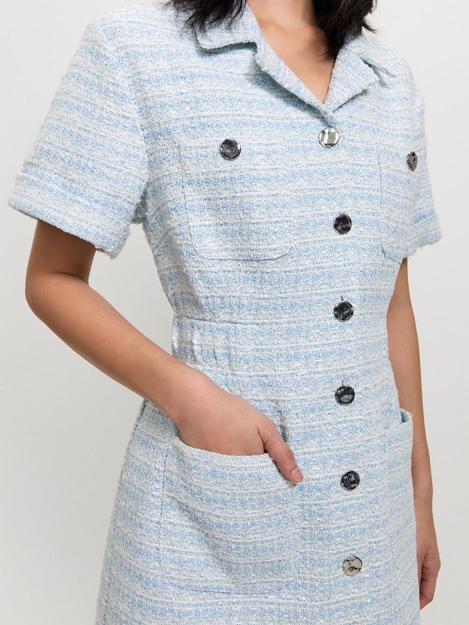 Tweed Front Pocket Dress - Baby Blue - Pomelo Fashion Tweed Front Pocket Dress - Baby Blue - Pomelo Fashion