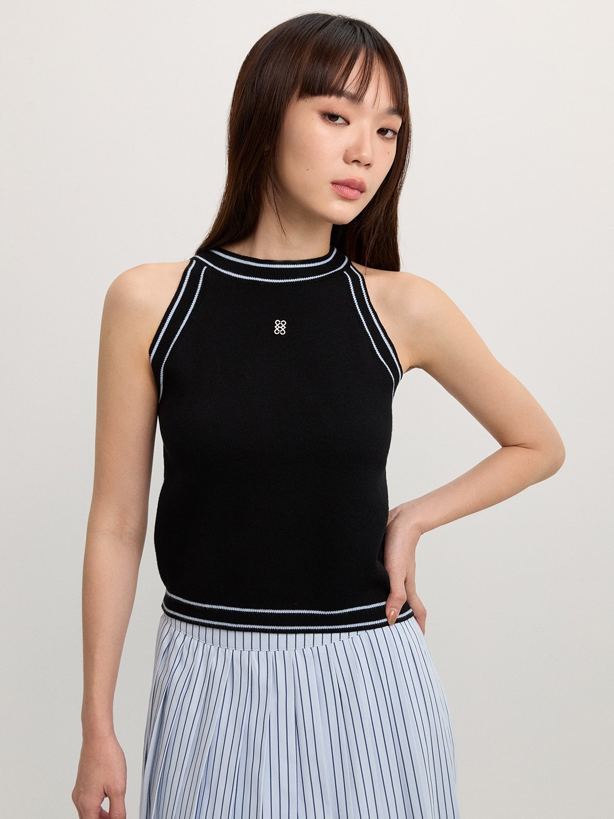Zipper Knit Top - Navy - Pomelo Fashion