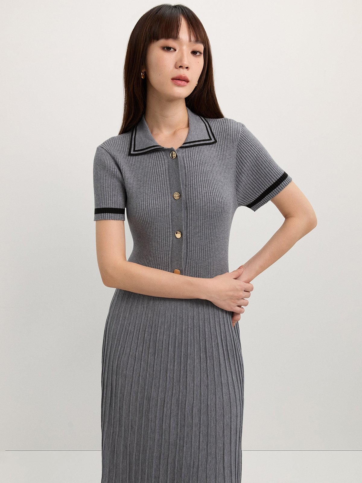 Pleated Polo Dress - Grey - Pomelo Fashion