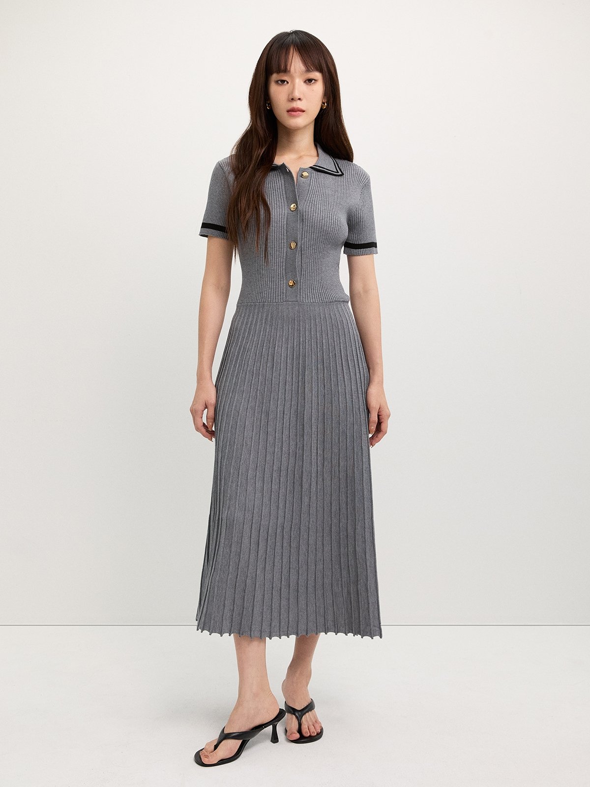 Pleated Polo Dress - Grey - Pomelo Fashion