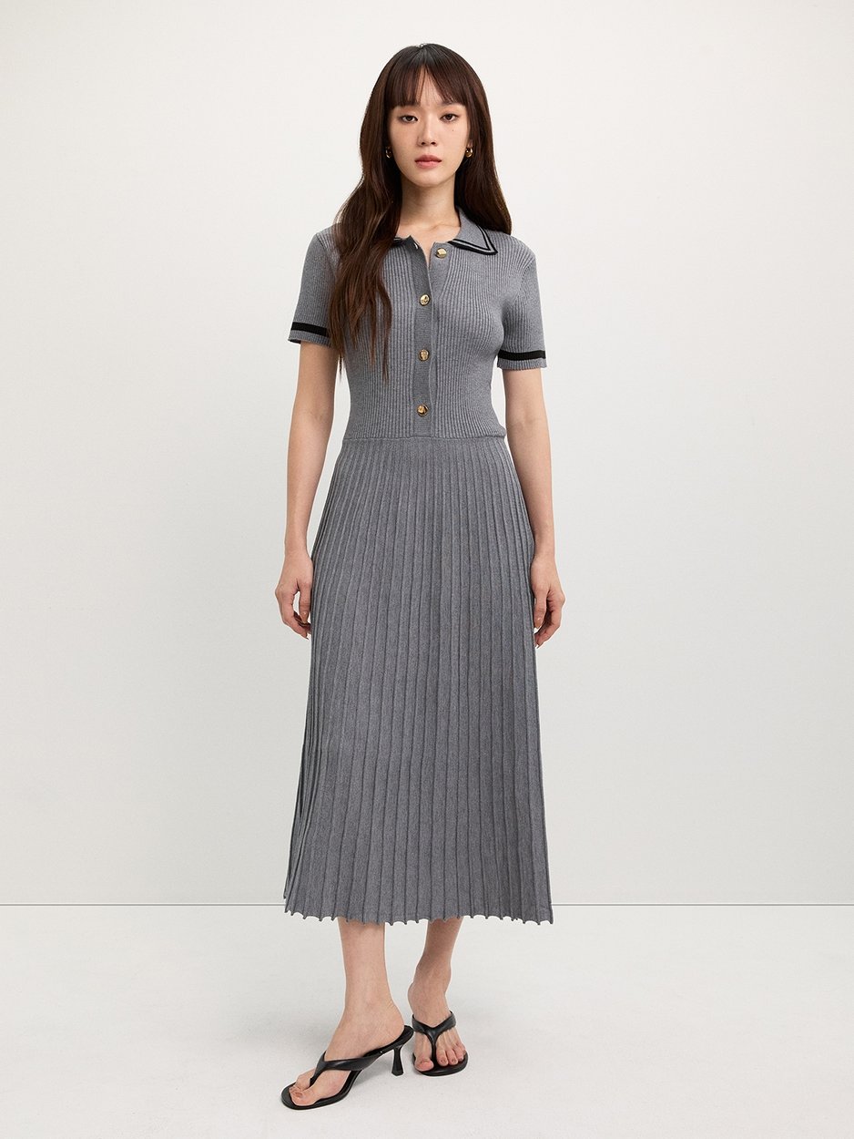 Pleated Polo Dress - Grey - Pomelo Fashion Pleated Polo Dress - Grey - Pomelo Fashion