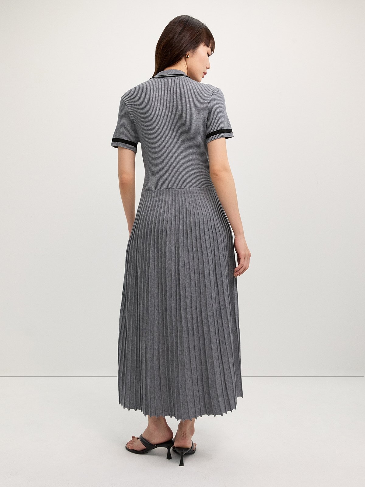 Pleated Polo Dress - Grey - Pomelo Fashion