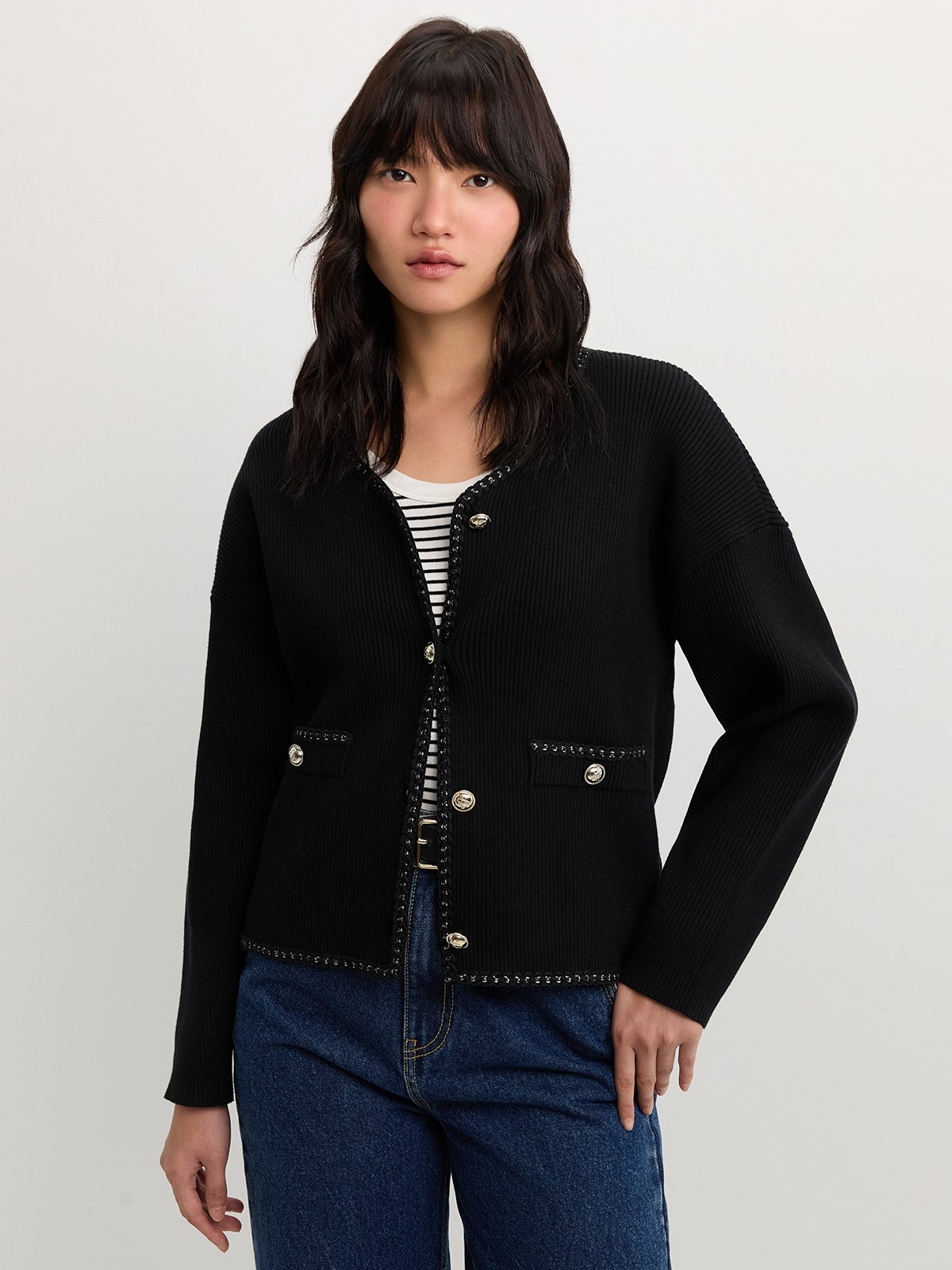 Tencel Blend Contrast Trim Women Cardigan