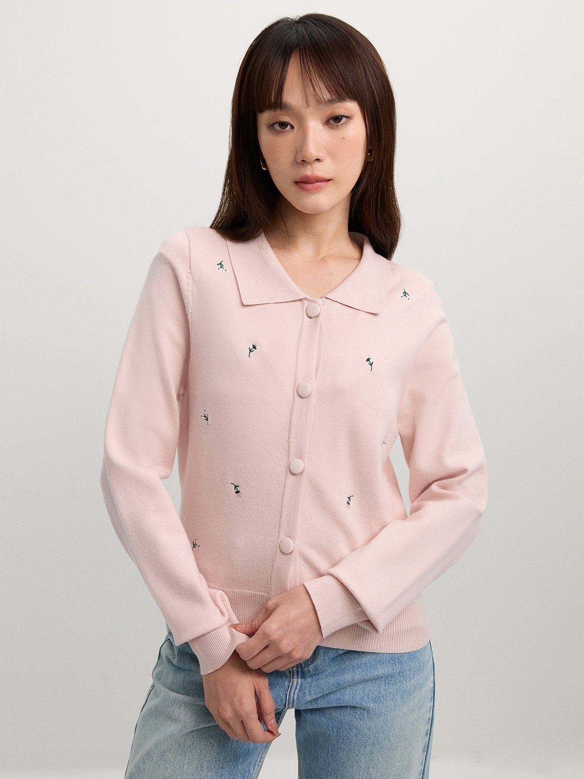 Flower Embroidery Cardigan - Pink - Pomelo Fashion