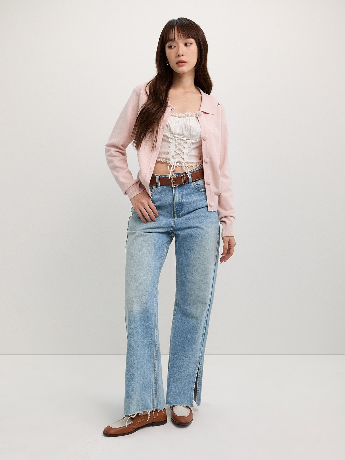 Flower Embroidery Cardigan - Pink - Pomelo Fashion
