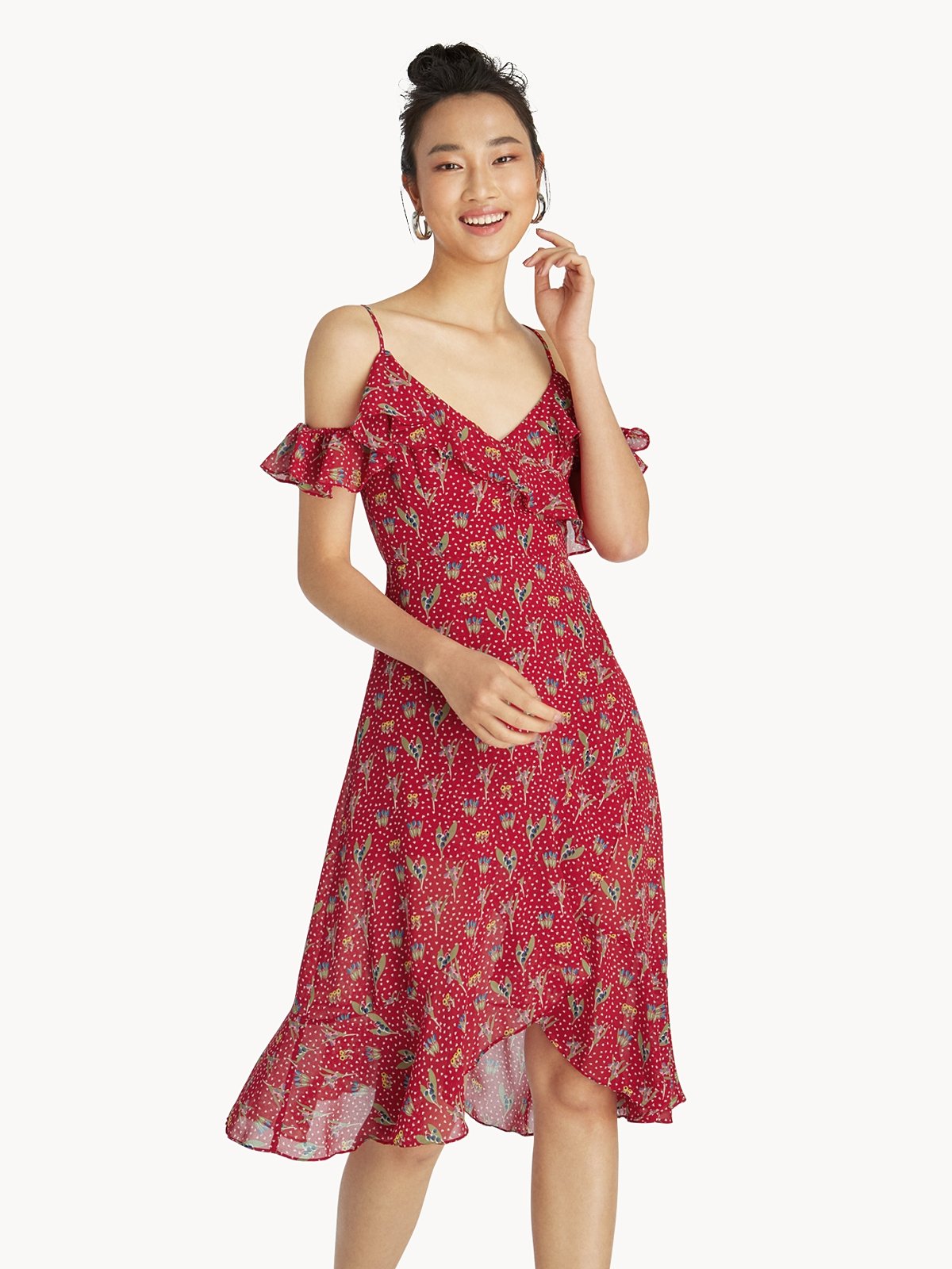 Midi Semi Sheer Ruffled Floral Dress Red