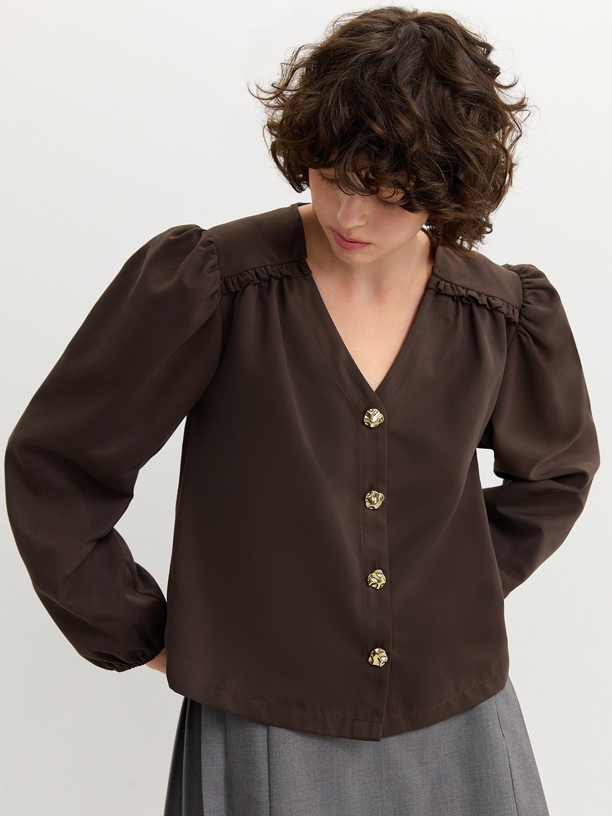 V Neck Button Blouse Dark Red
