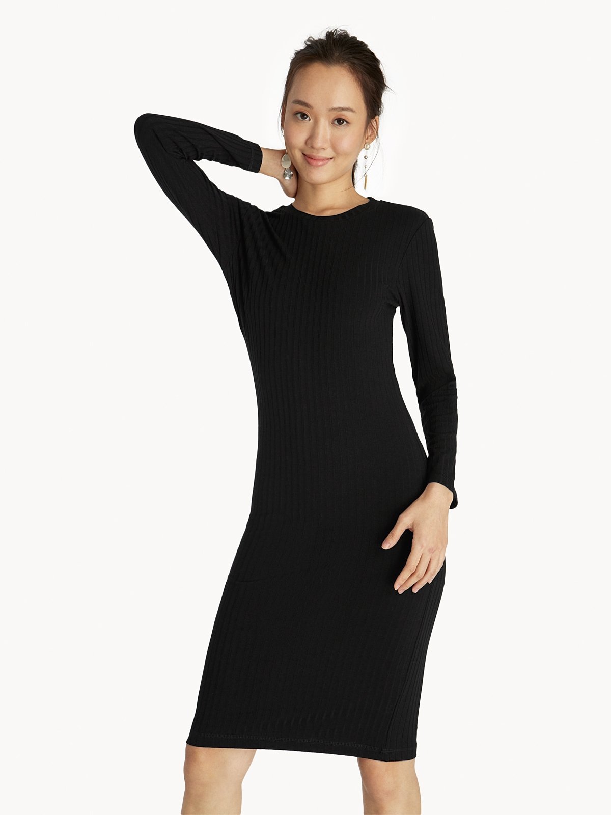 Midi Ribbed Long Sleeve Dress Black Pomelo Fashion