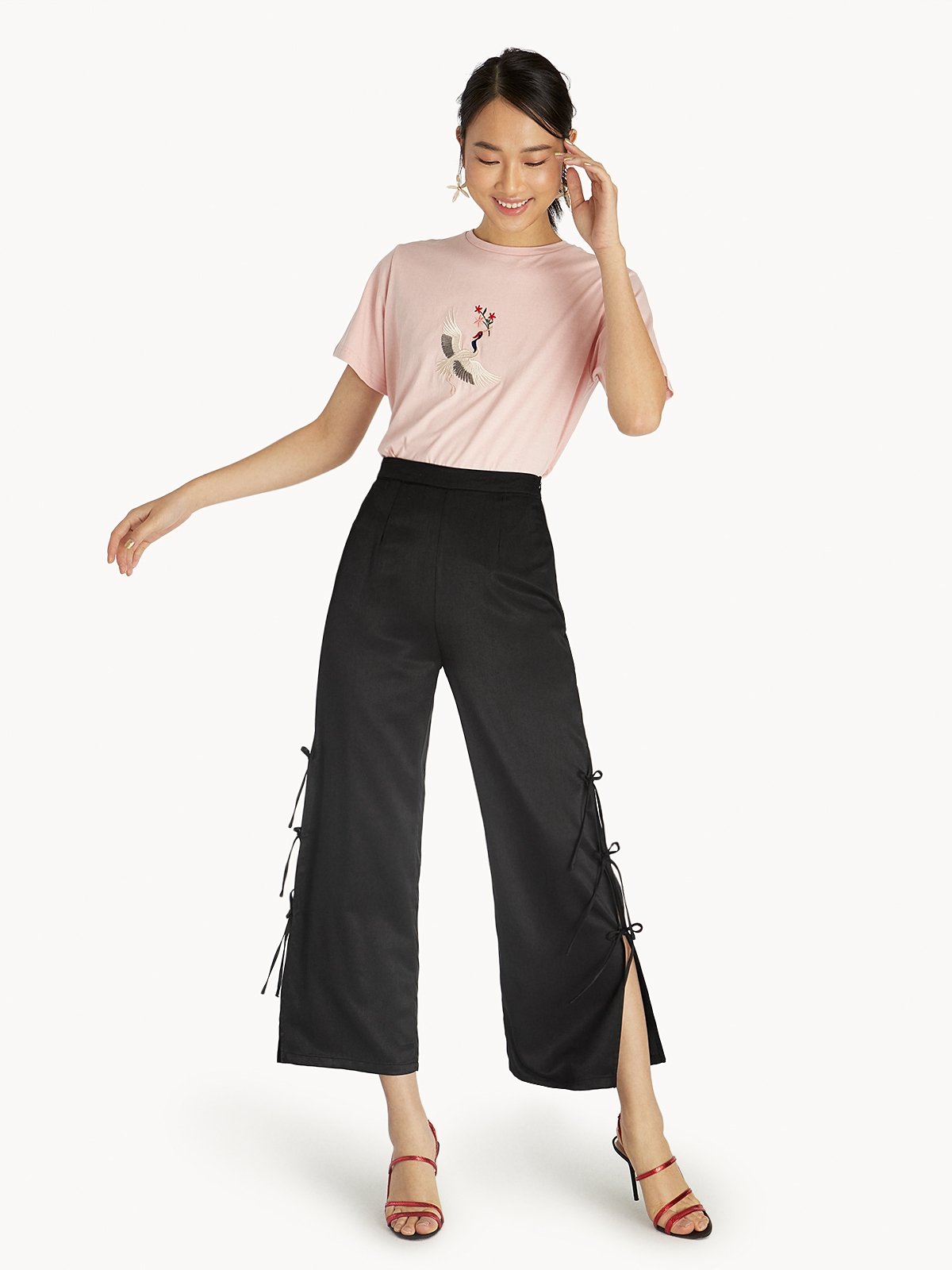 Bow Tie Side Slits Pants Black Pomelo Fashion