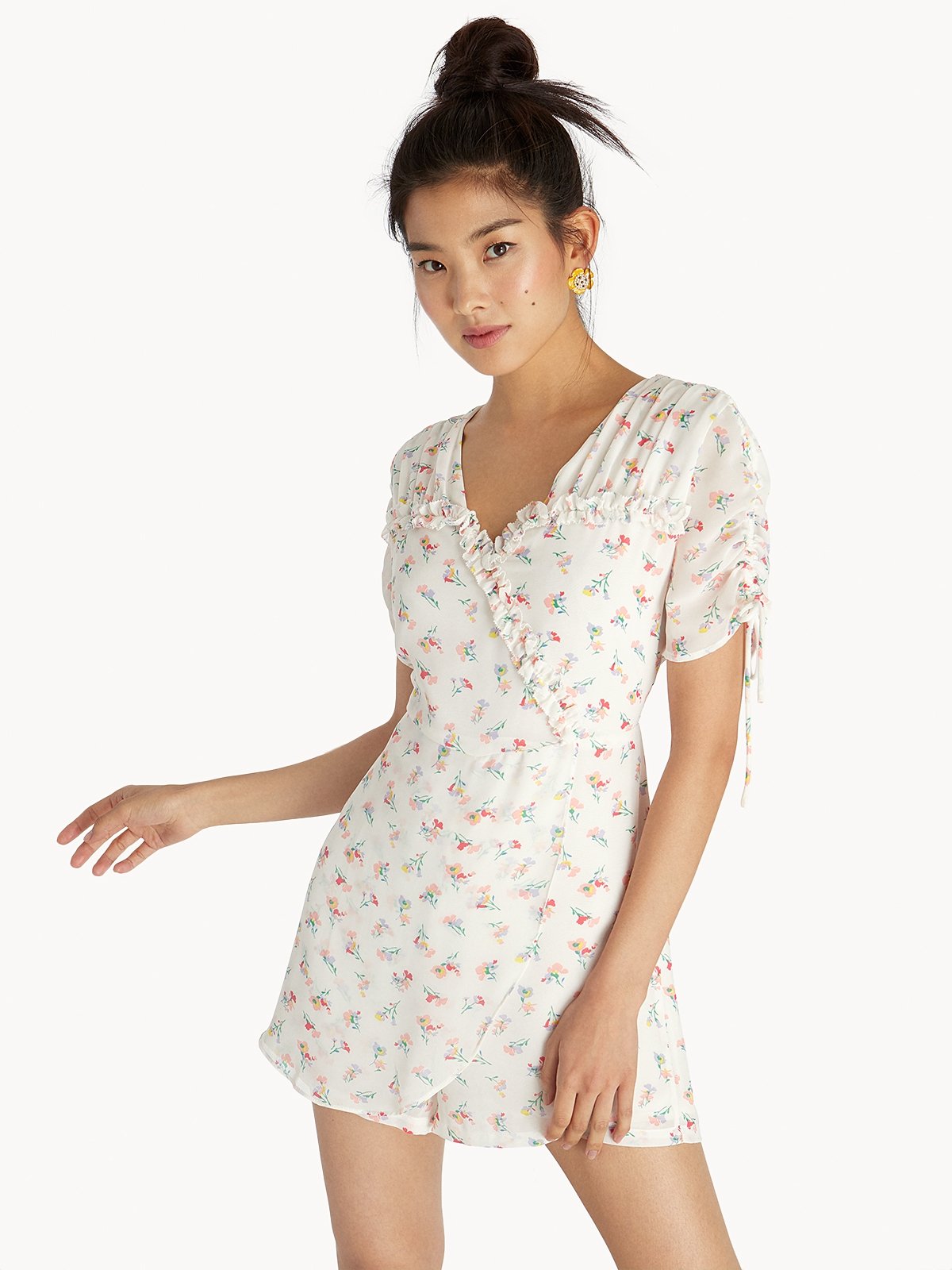 Drawstring Sleeves Skort Romper White Pomelo Fashion