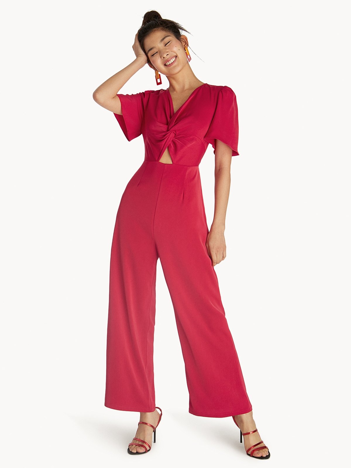 Knotted Hollow Jumpsuit Red Pomelo Fashion