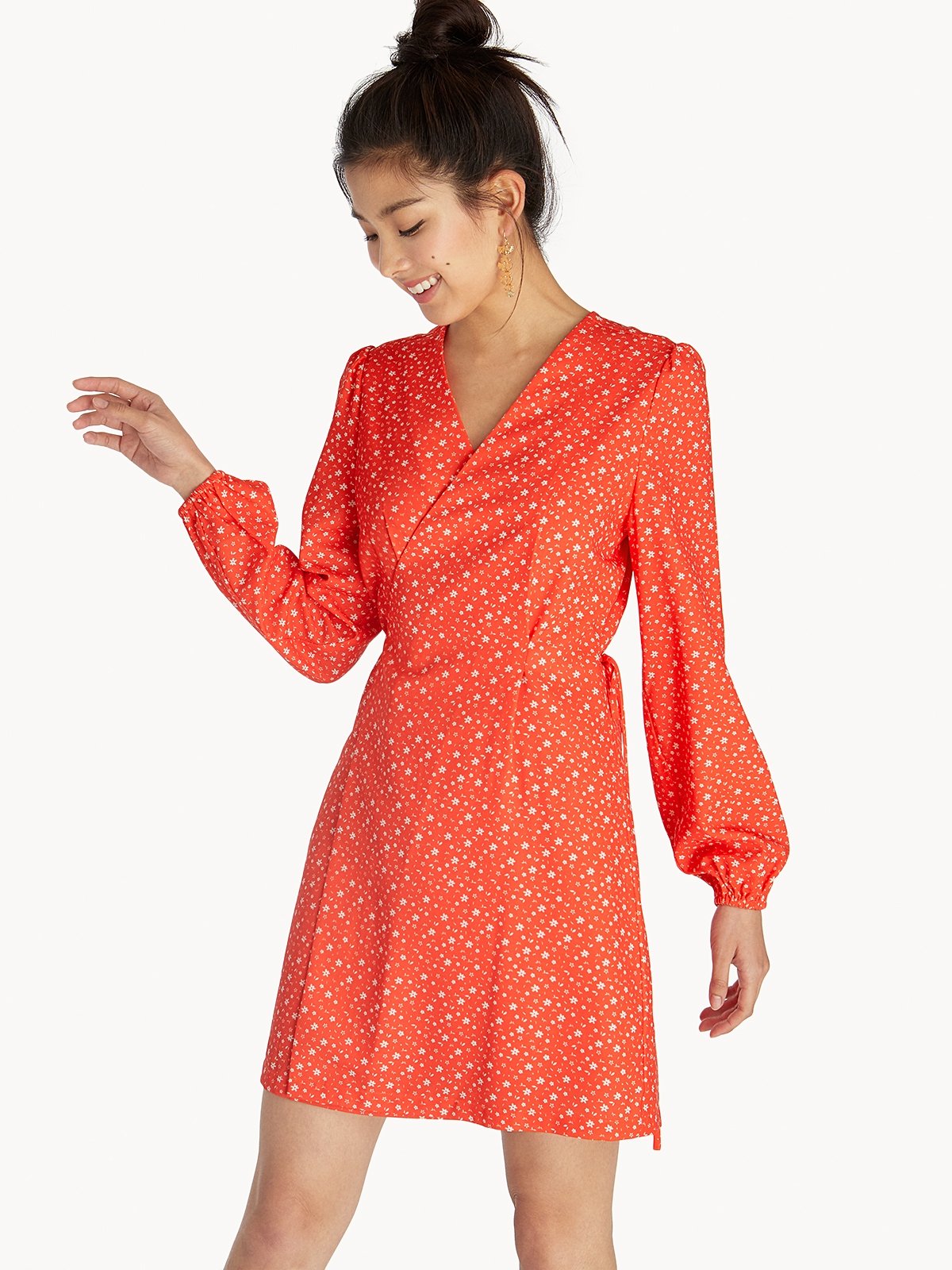 Mini Floral Wrap Dress Red Pomelo Fashion
