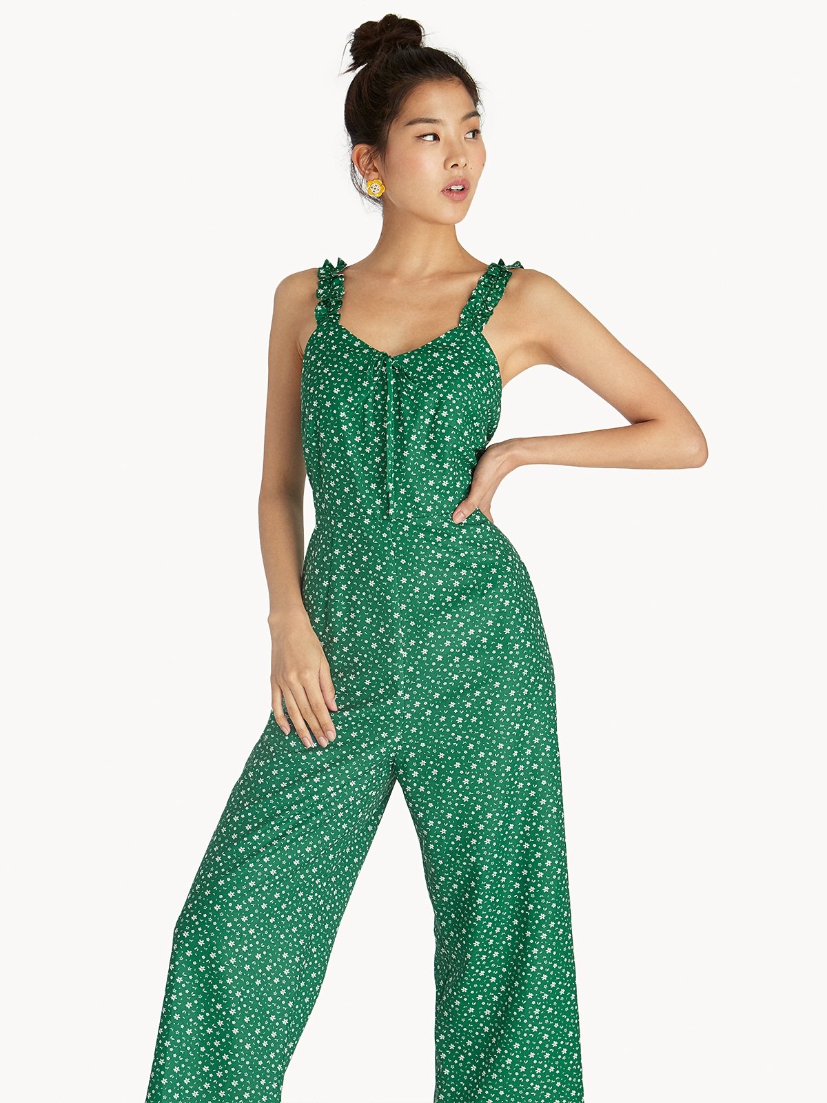Green Floral Print Summer Jumpsuit With Belt