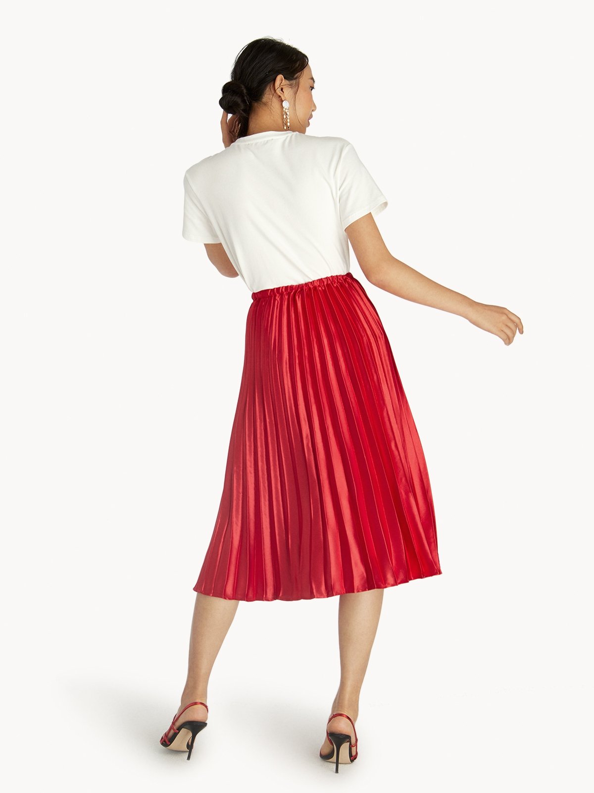 Satin Pleated Midi Skirt Red Pomelo Fashion