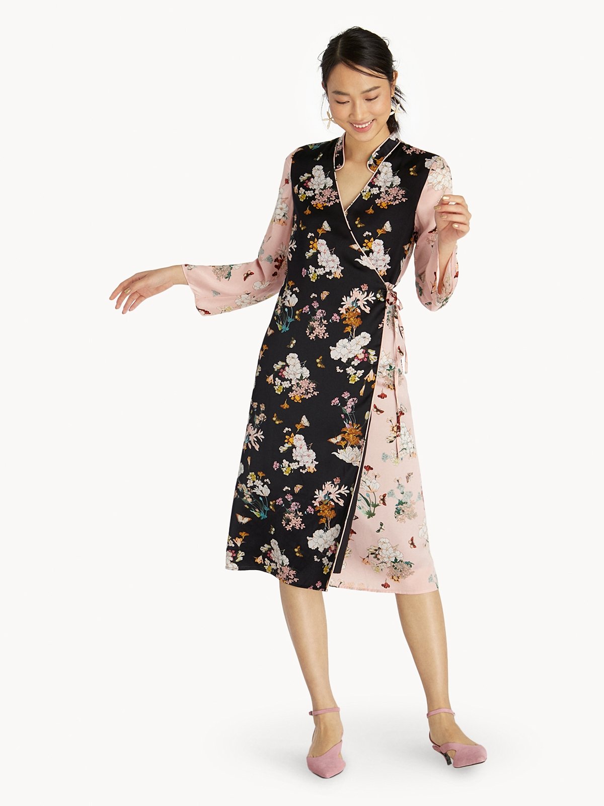 Midi Two Tone Floral Wrap Dress Pomelo Fashion