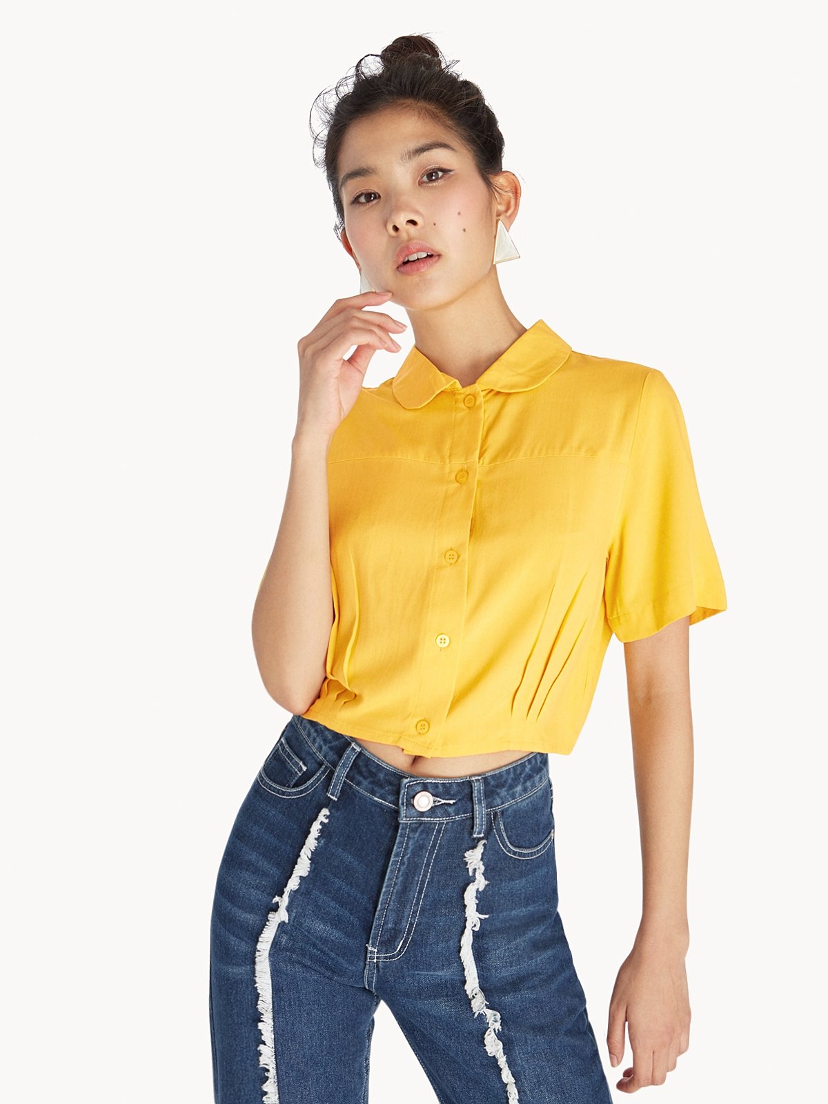 Cropped Button Down Shirt Yellow Pomelo Fashion