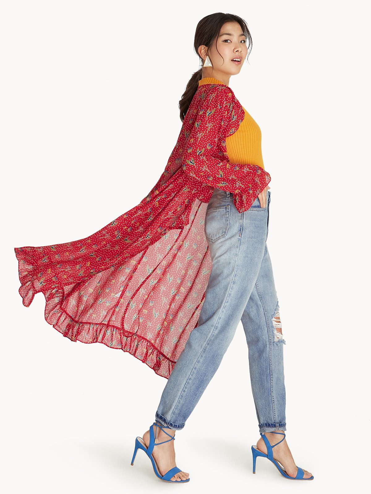 Floral Ruffled Long Shrug Red Pomelo Fashion
