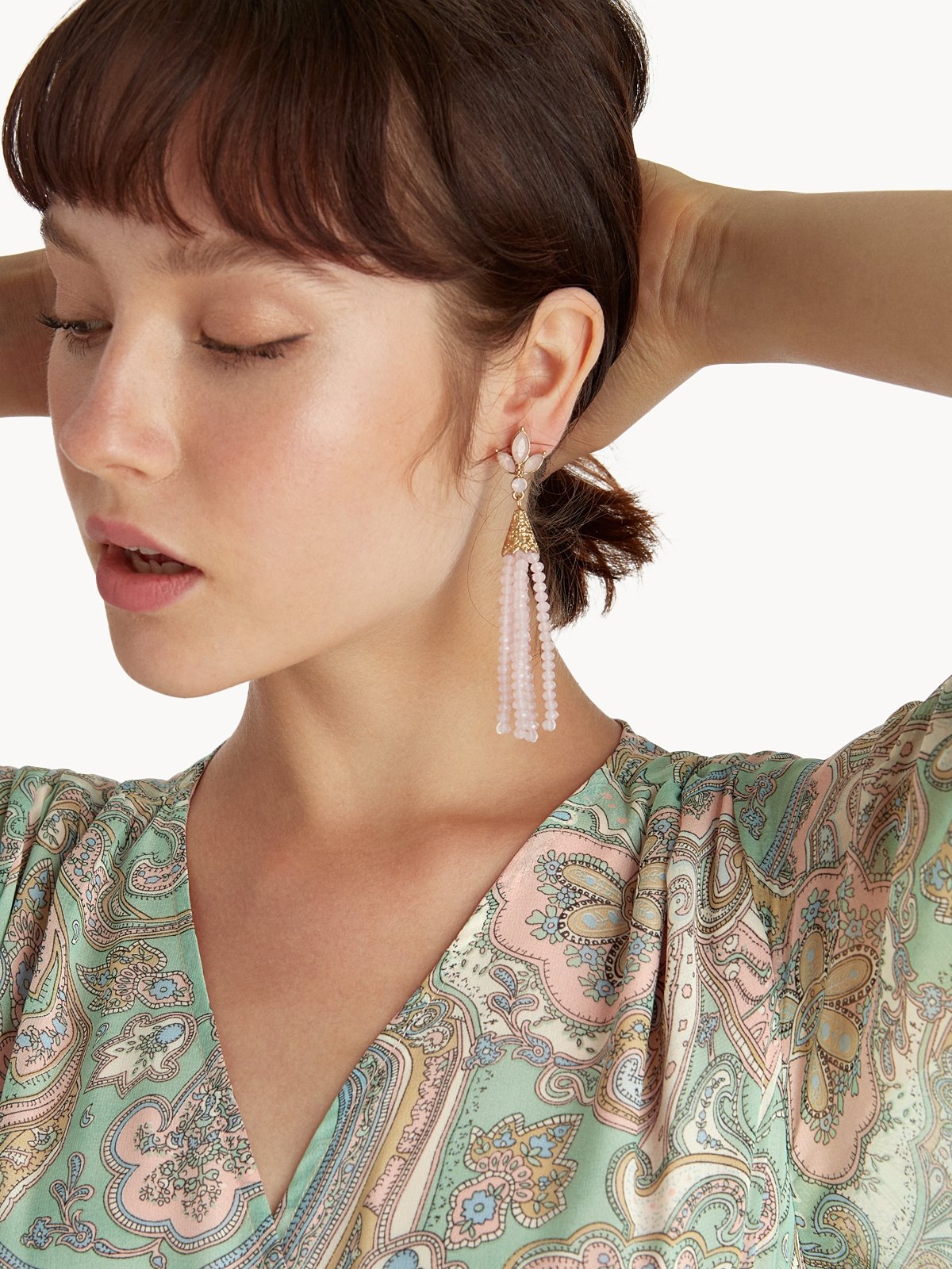 Gold beaded tassel top earrings