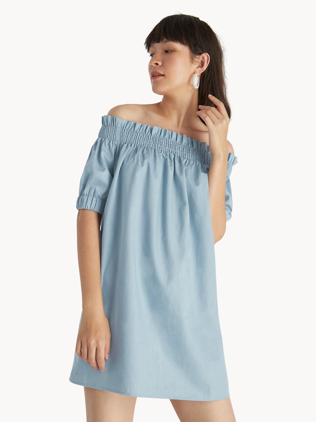 Dusty Blue Off-The-Shoulder Evening Dress With Puff Sleeves and Front Split Sweetheart