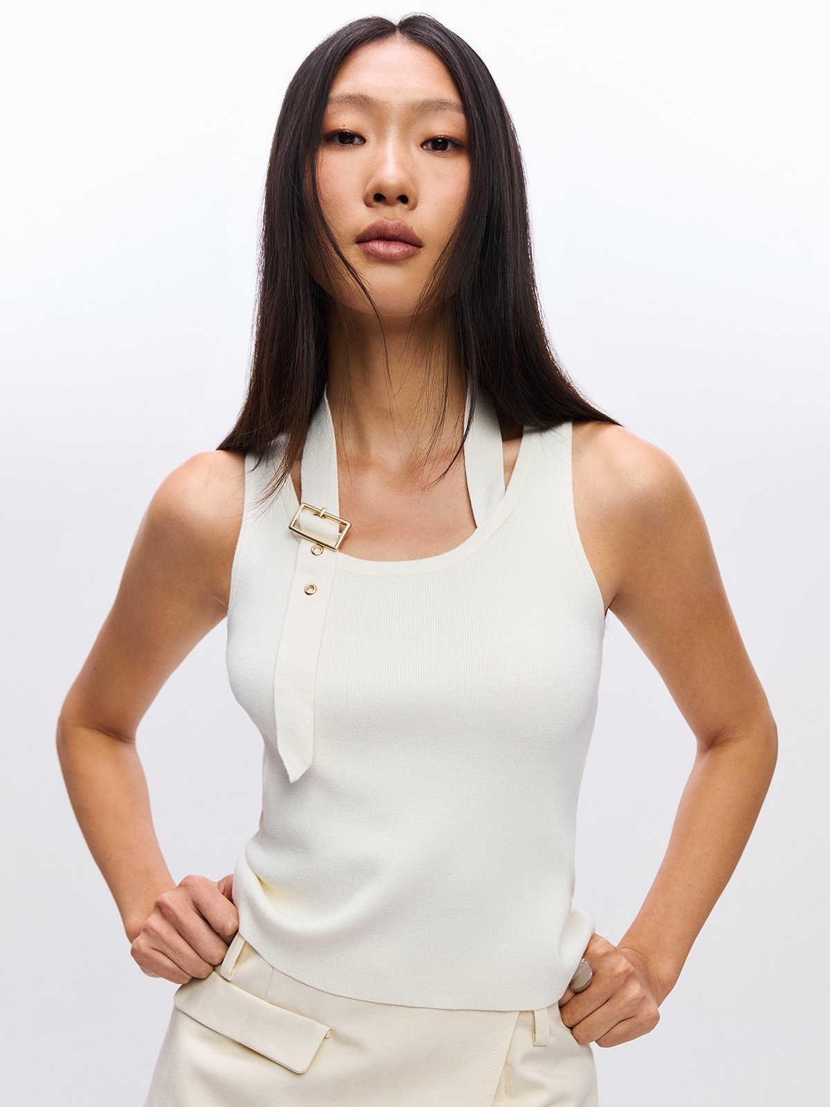 pomelo Pomelo Belted Knit Top - Cream