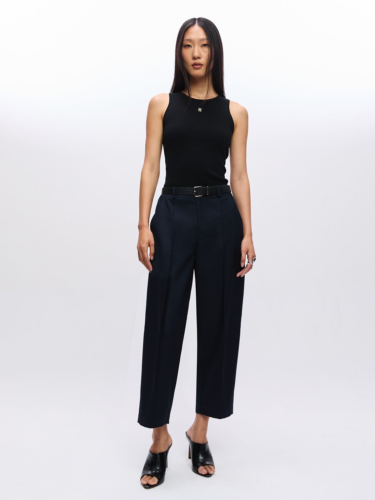 Blue & Grey Striped Front-Fold Pleated Pants main image 1