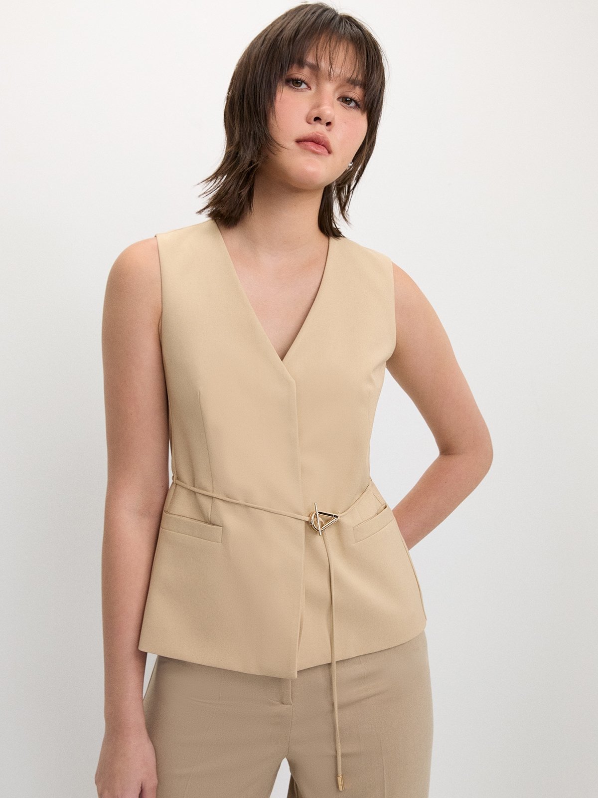 Beige French Style Metal Button Vest