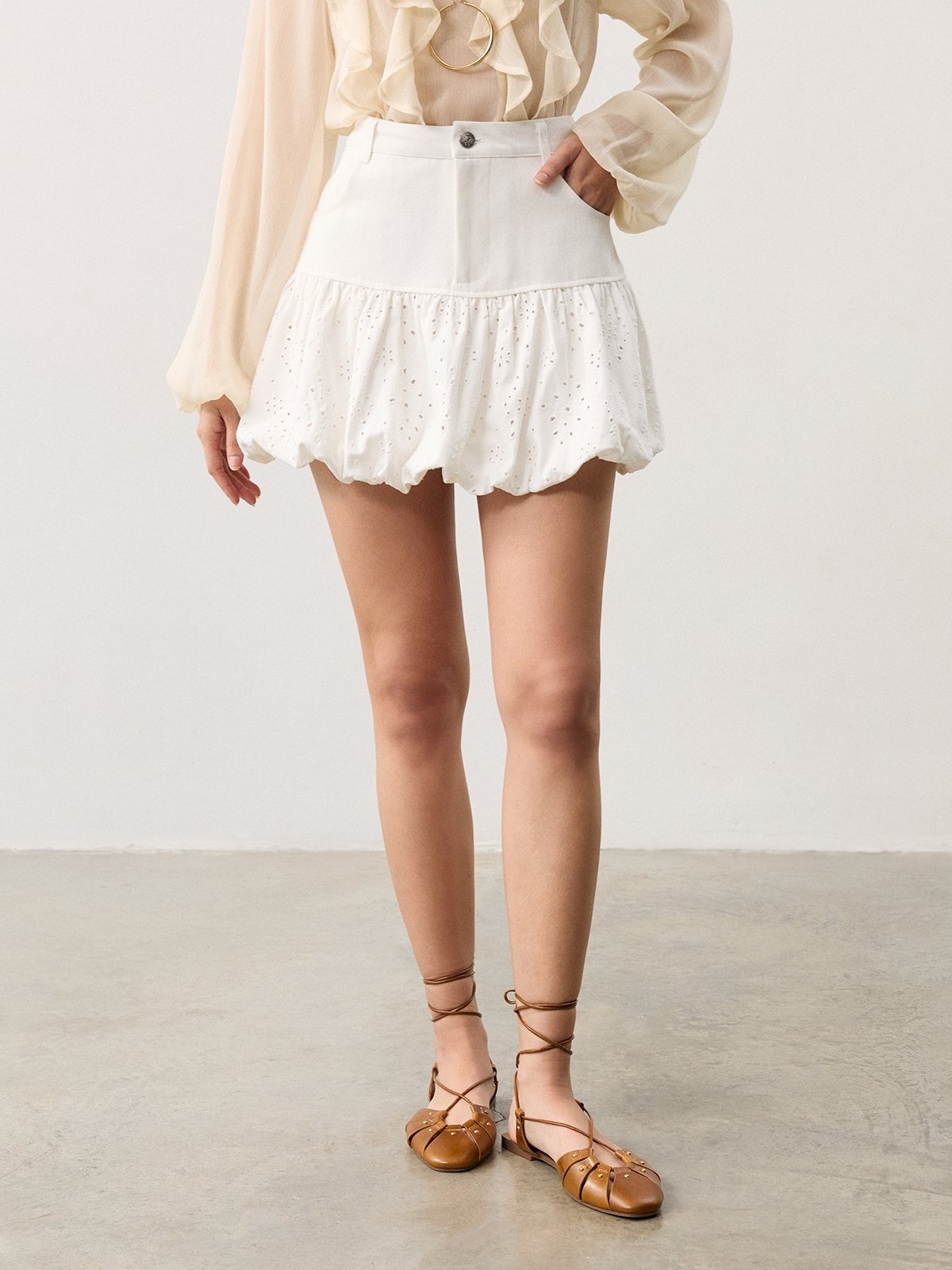 Eyelet Bubble Skirt - White - Pomelo Fashion