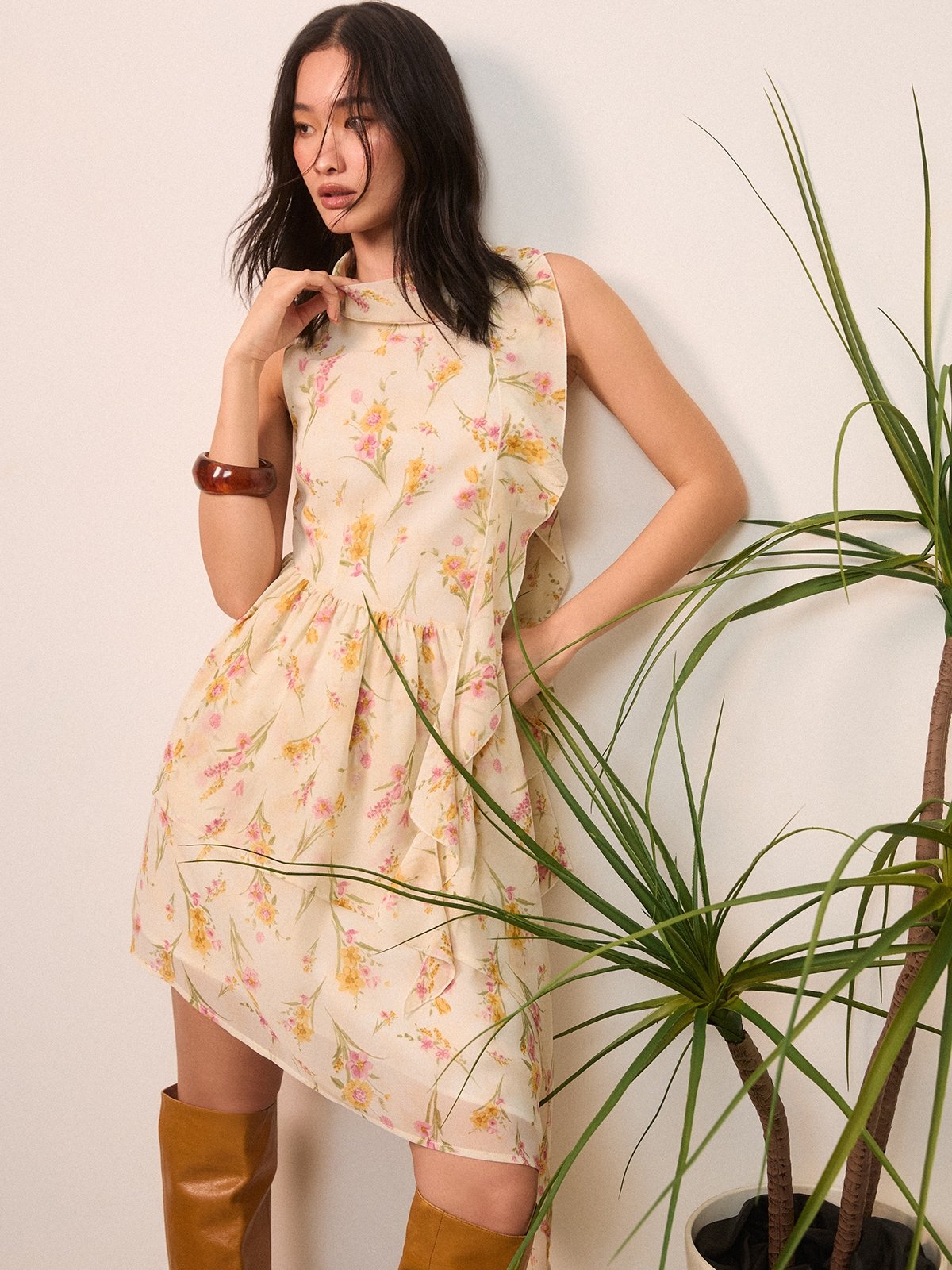 pomelo Pomelo Asymmetrical Floral Dress - Yellow | Clothing