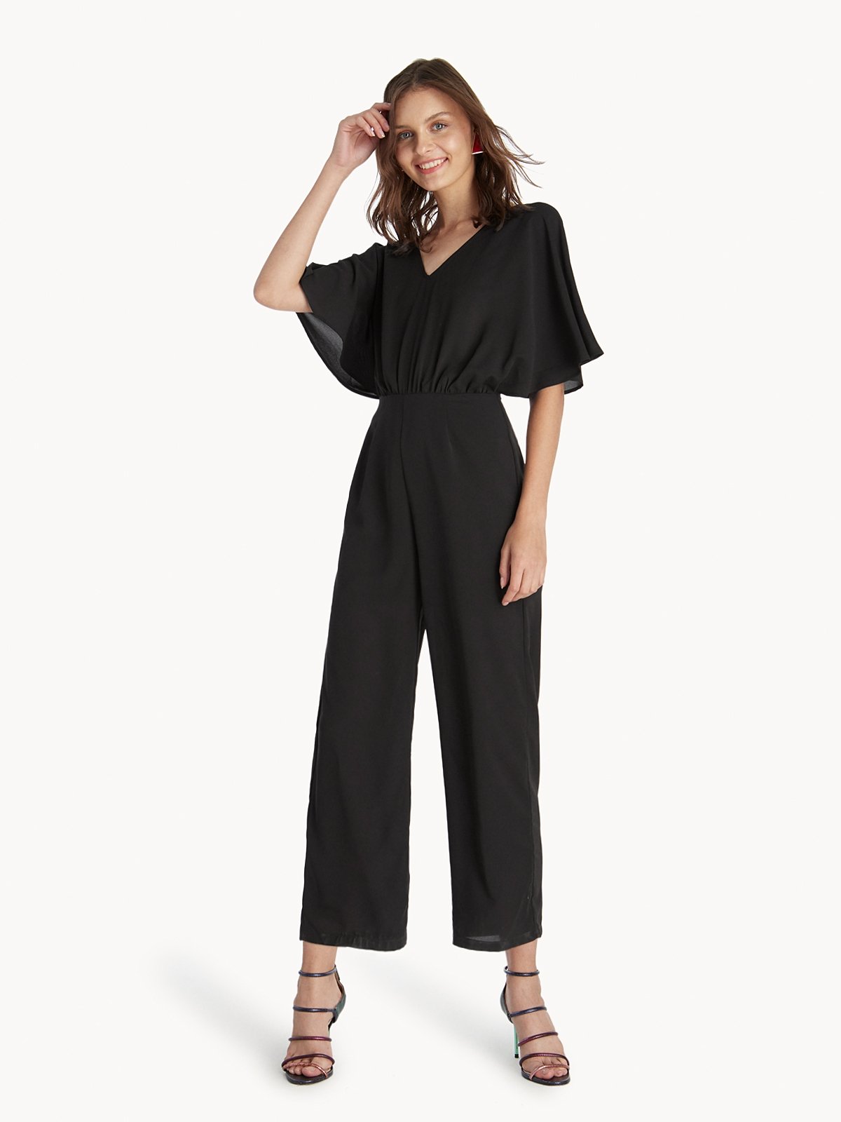 Bat Sleeves V Neck Jumpsuit Black