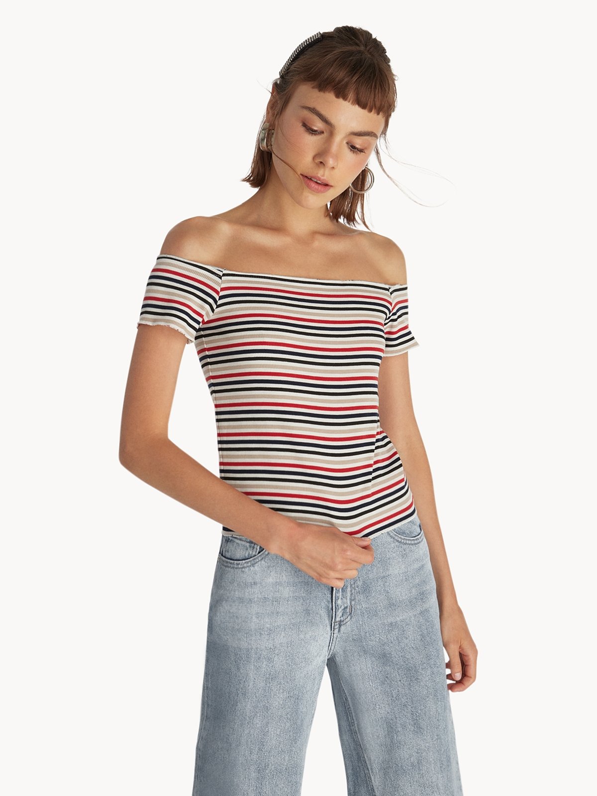Stripe Off Shoulder Top Red Pomelo Fashion