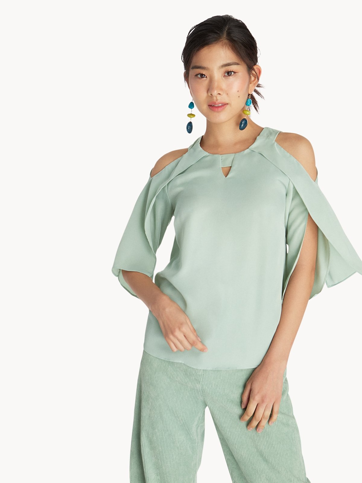 Layered Cold Shoulder Top Light Green Pomelo Fashion