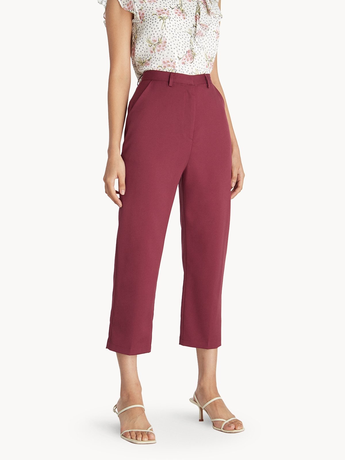 High Waist Cropped Pants Burgundy Pomelo Fashion