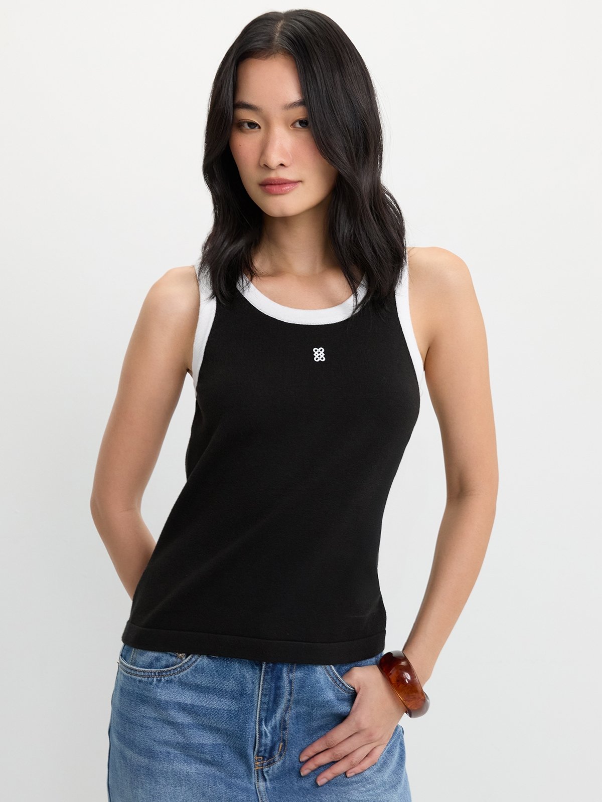 Tan Contrast Trim Round Neck Tank Top