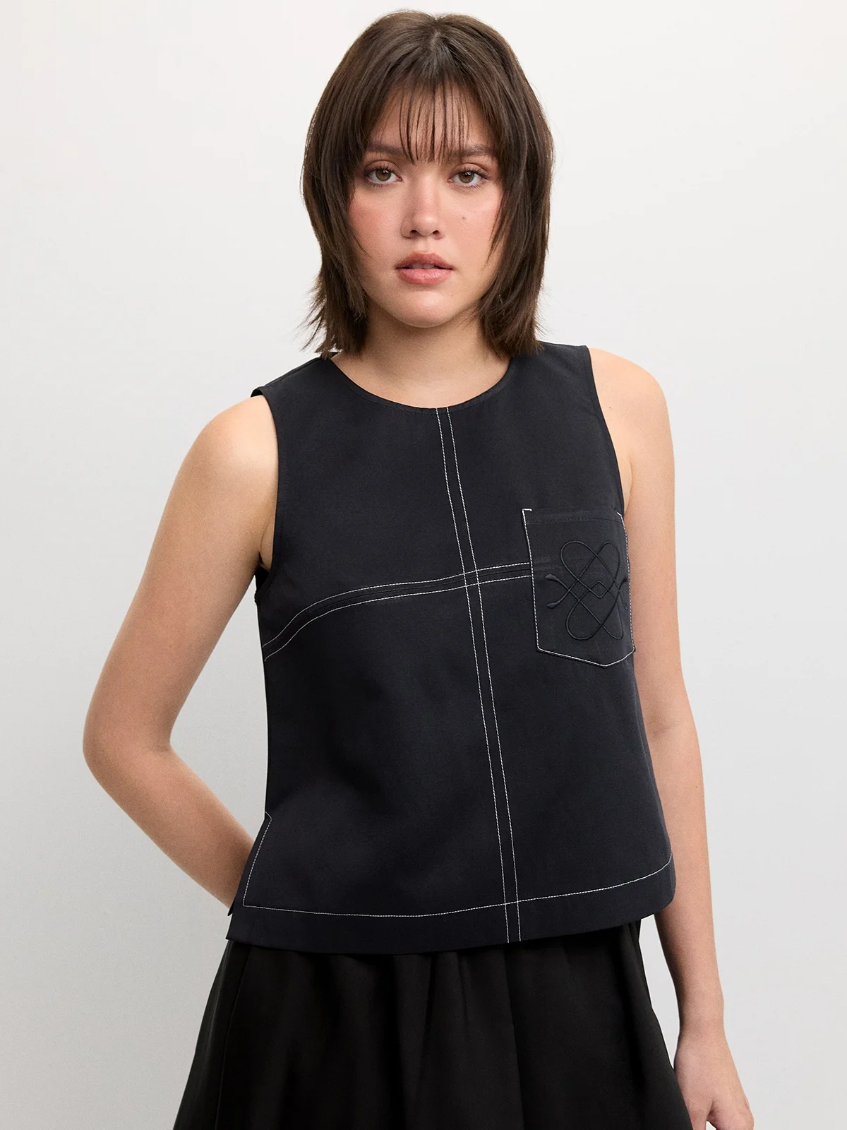 pomelo Pomelo Contrast Stitch Top - Navy