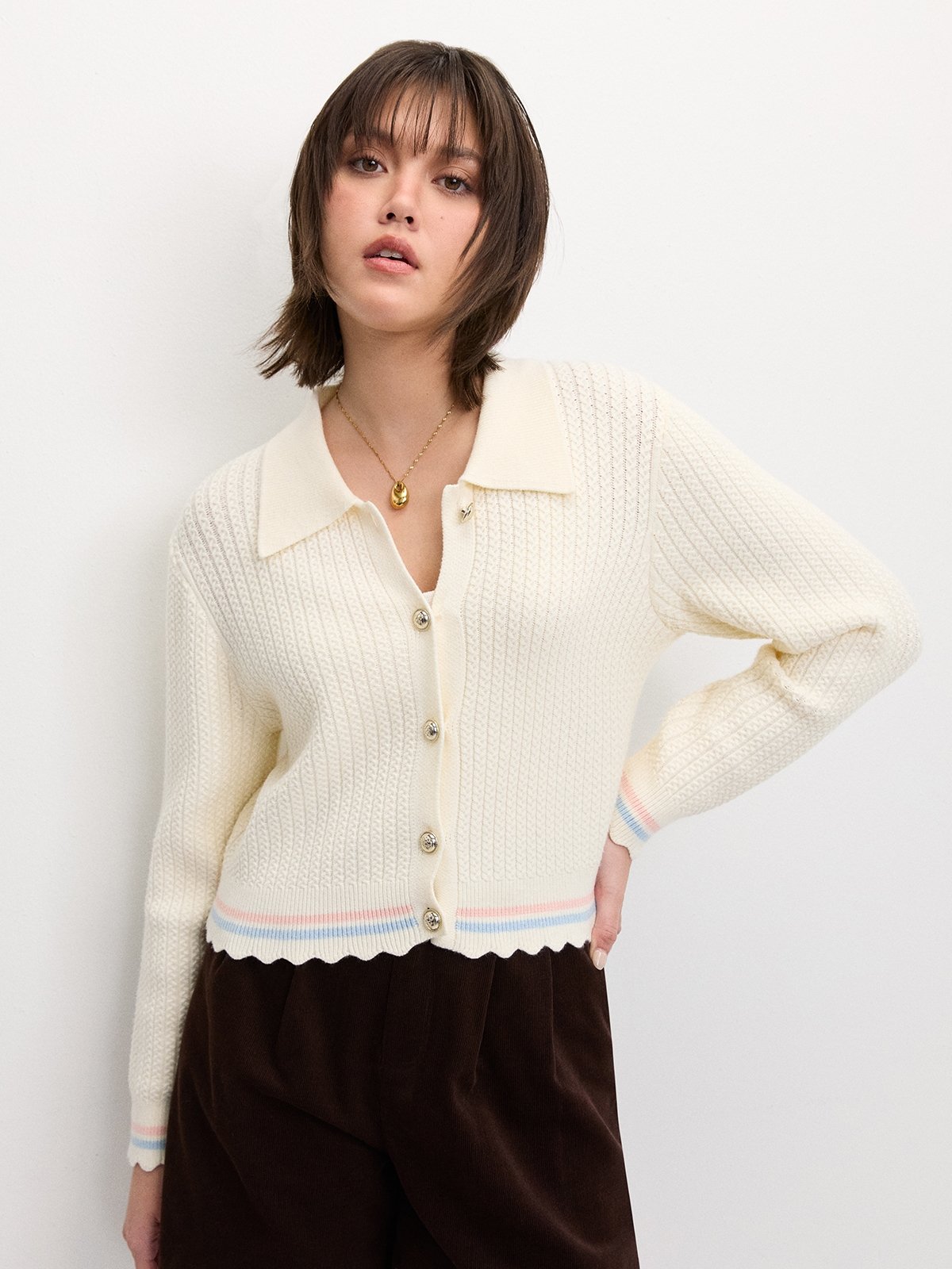Yumi Ivory Crochet Edge To Edge 3/4 Sleeve Cardigan main image 0