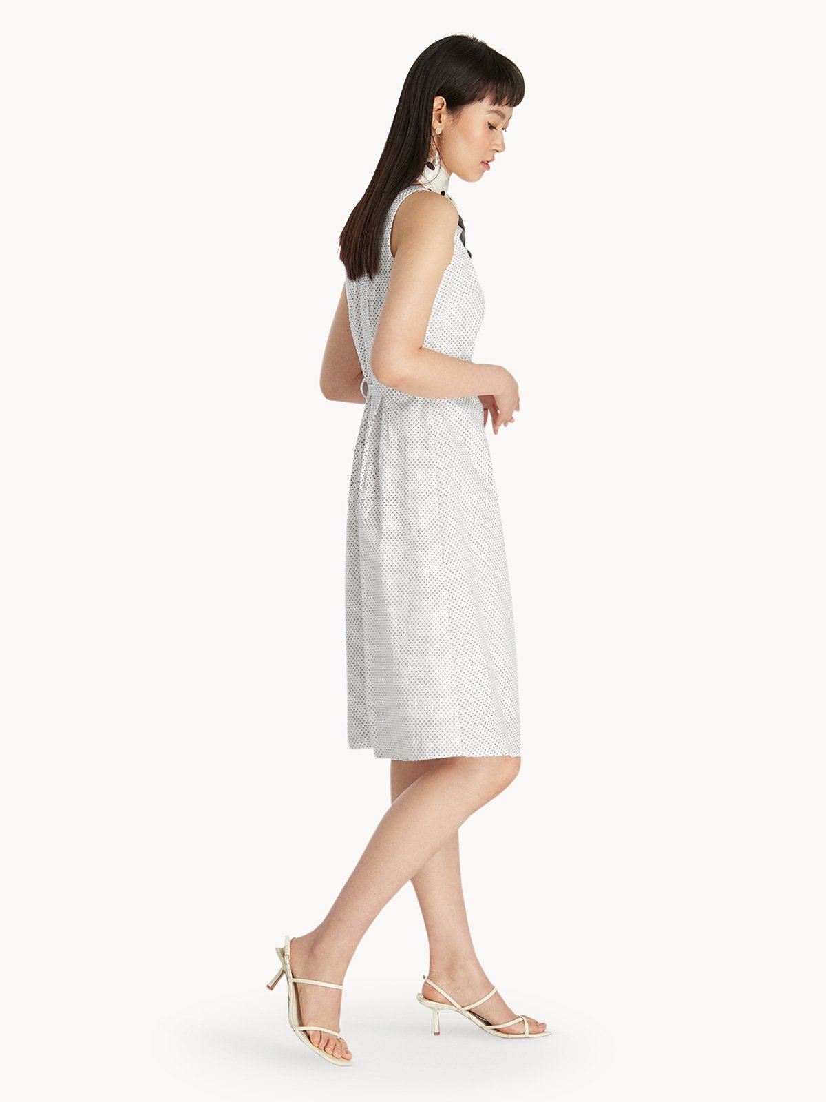 Polka Dot Belted A-Line Dress - White - Pomelo Fashion
