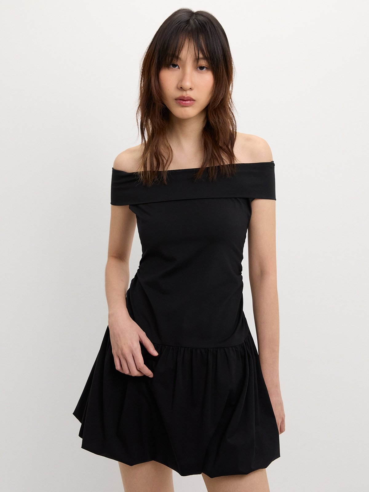 Off-Shoulder Flare Dress - Black - Pomelo Fashion