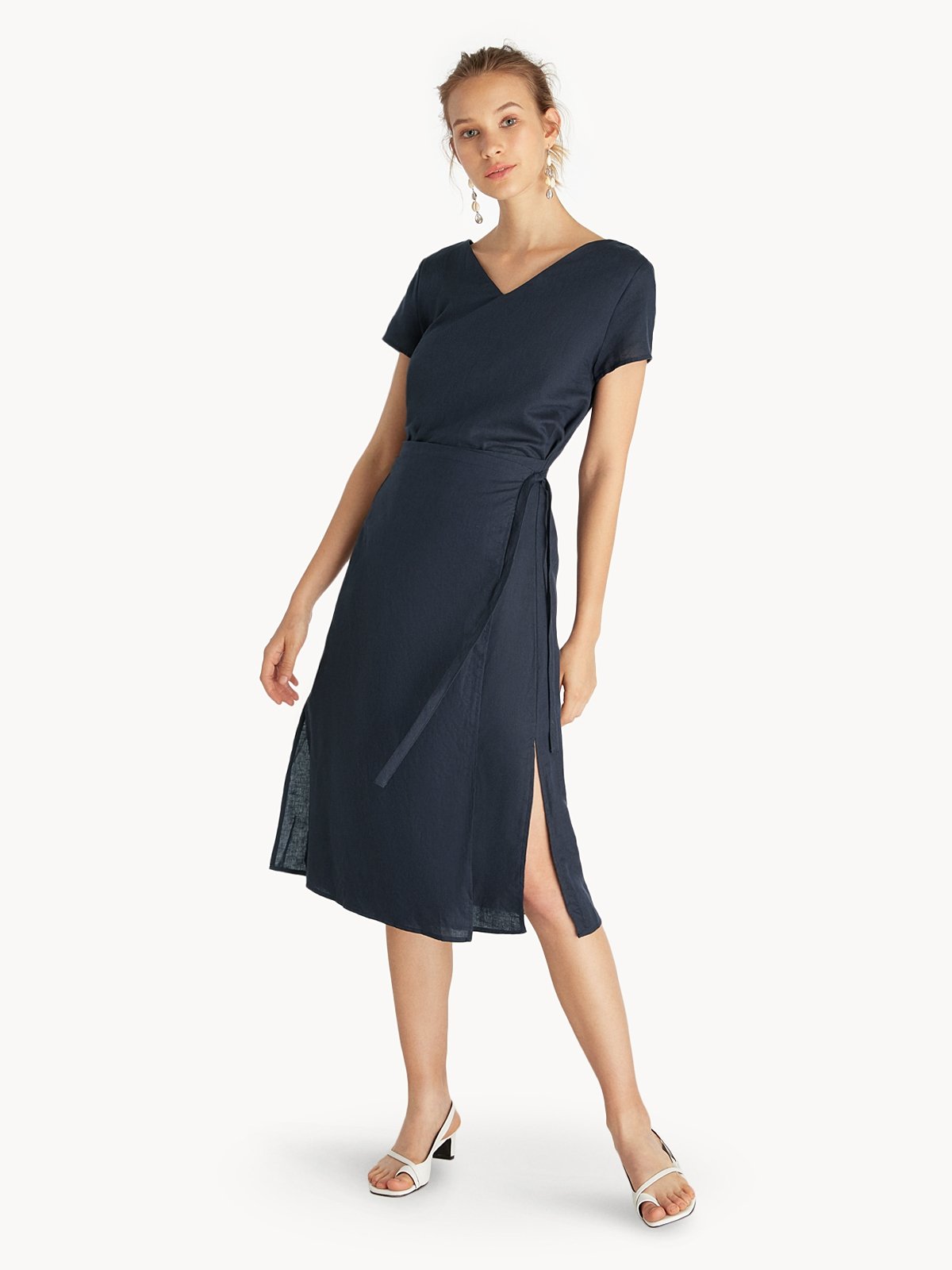 Purpose Midi Tie Waist Dress Navy Pomelo Fashion