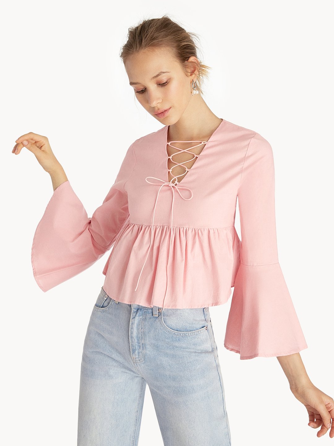 Purpose Flounce Sleeve Blouse - Light Pink - Pomelo Fashion