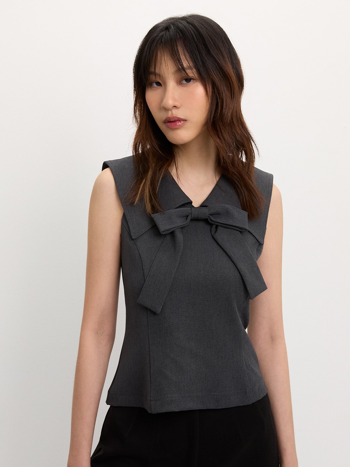 Bow Tie Blouse - Dark Grey - Pomelo Fashion