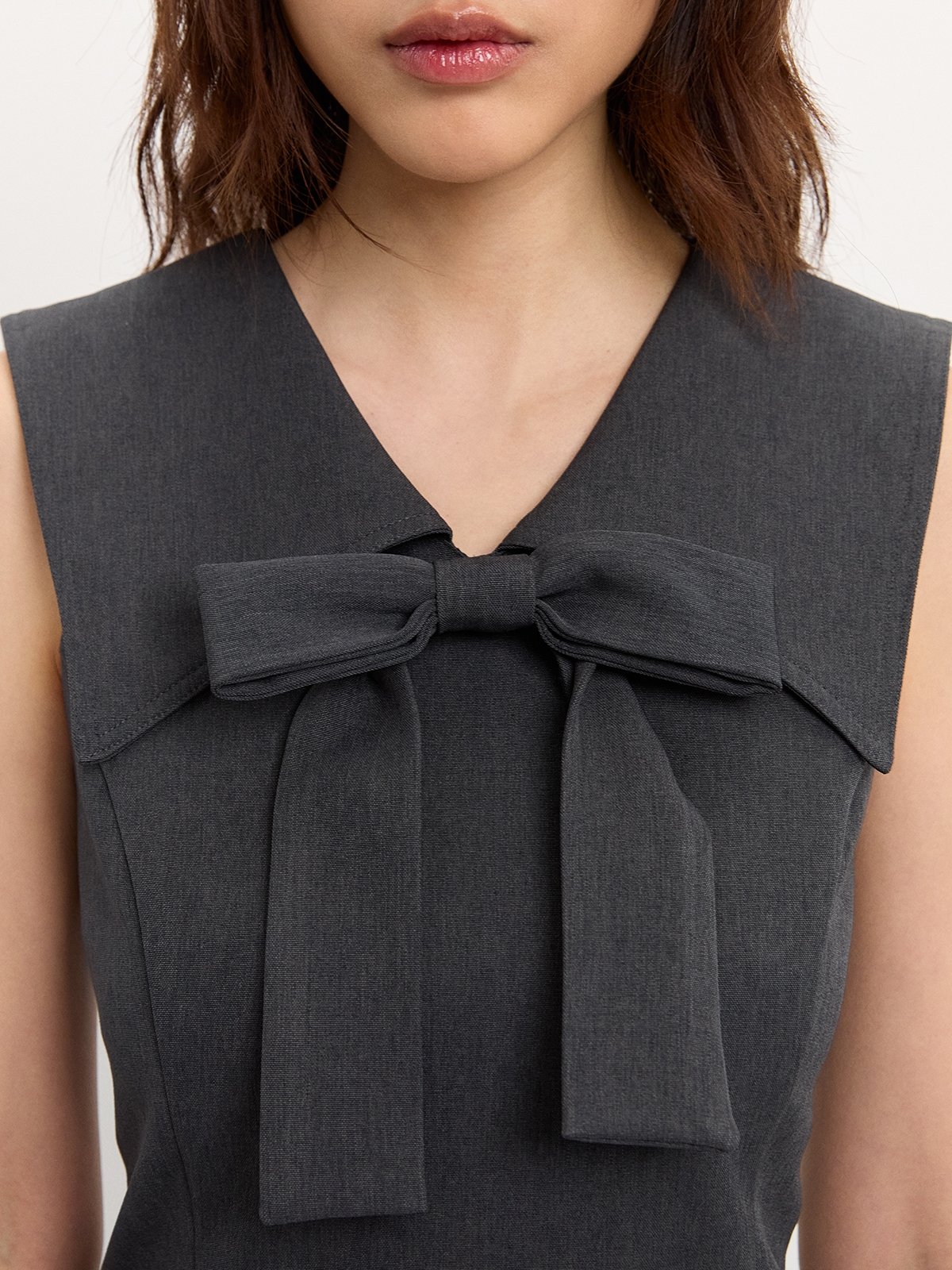 WASHABLE WOOL BOW TIE BLOUSE 【MUD GREY】 Bow Tie Blouse - Dark Grey - Pomelo Fashion