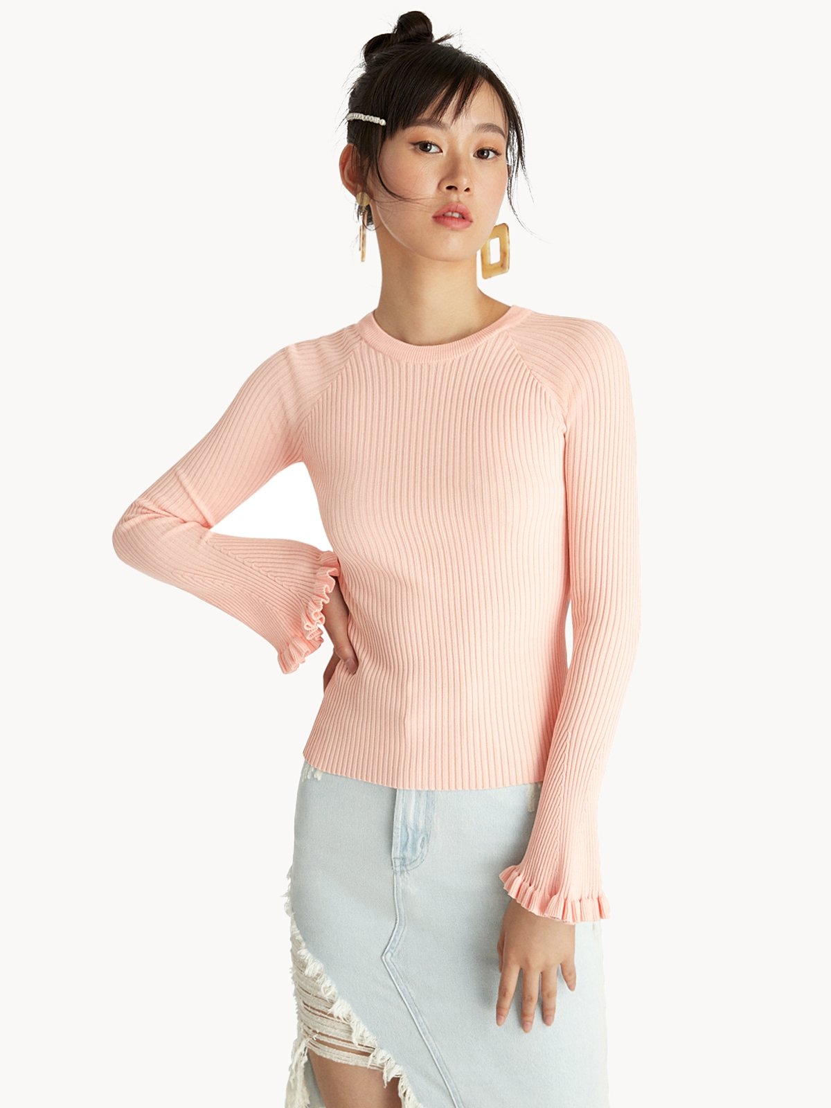 Printed Pastel Pink Top With Frill-trim Details