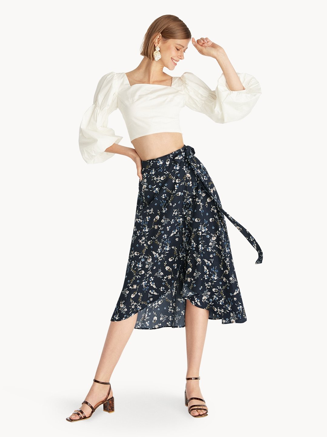 Floral Side Wrap Skirt - Navy - Pomelo Fashion