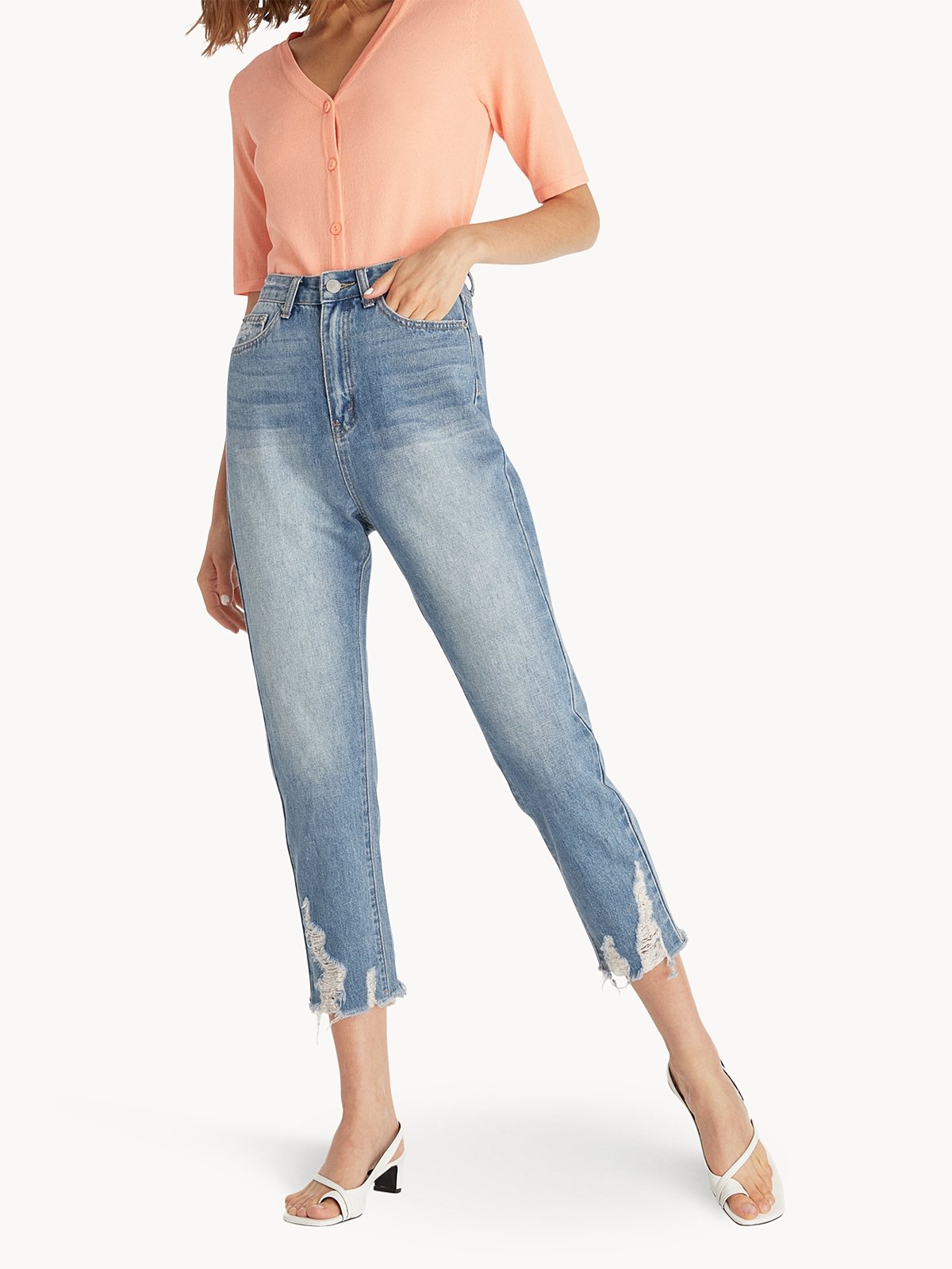 Distressed Hem Jeans Blue Pomelo Fashion